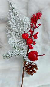 Crenguță artificială de Crăciun cu mere roșii și con - 30cm 10/set